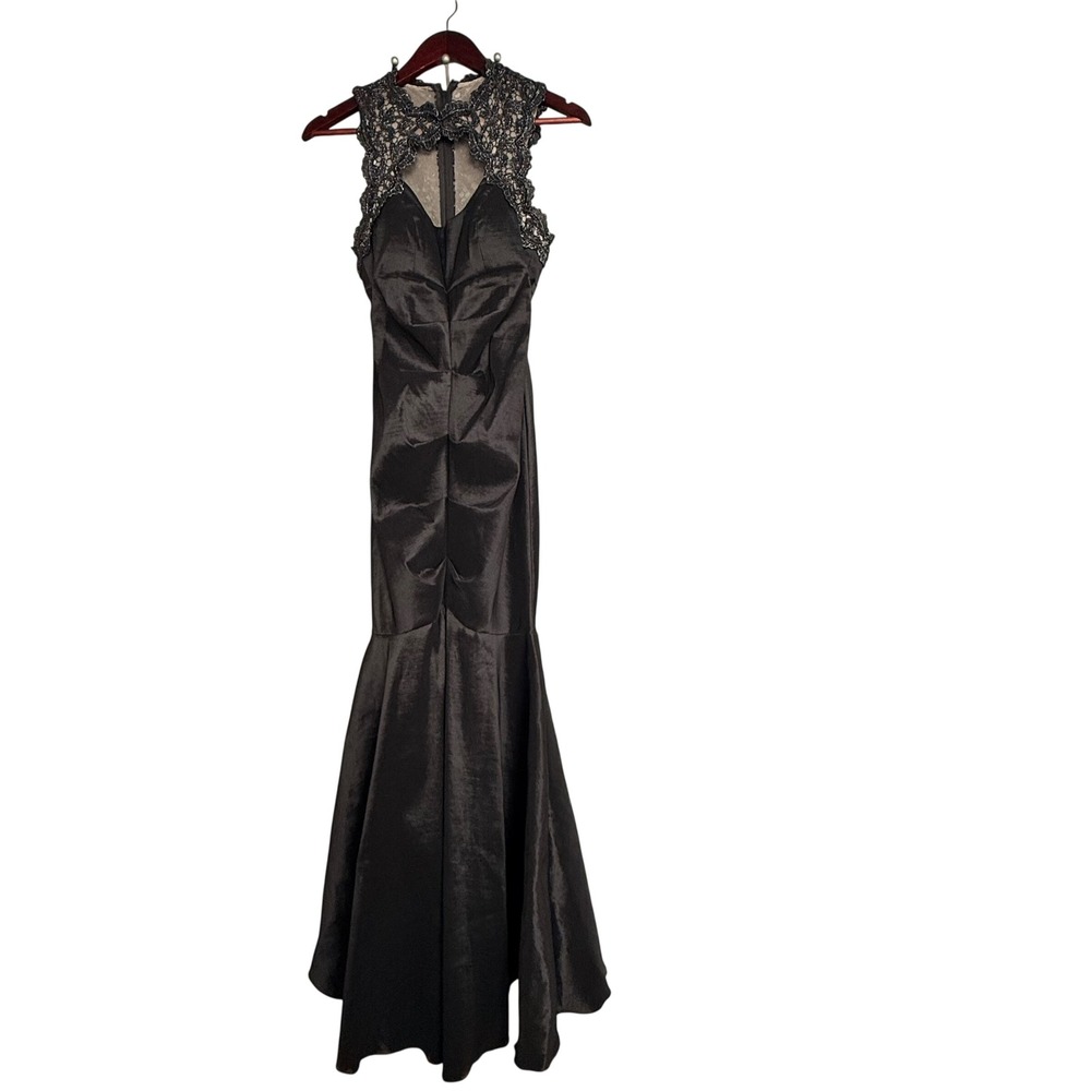 Vintage Cache Black Mermaid Formal Gown Lace Illusion Back Formal Dress Size 4